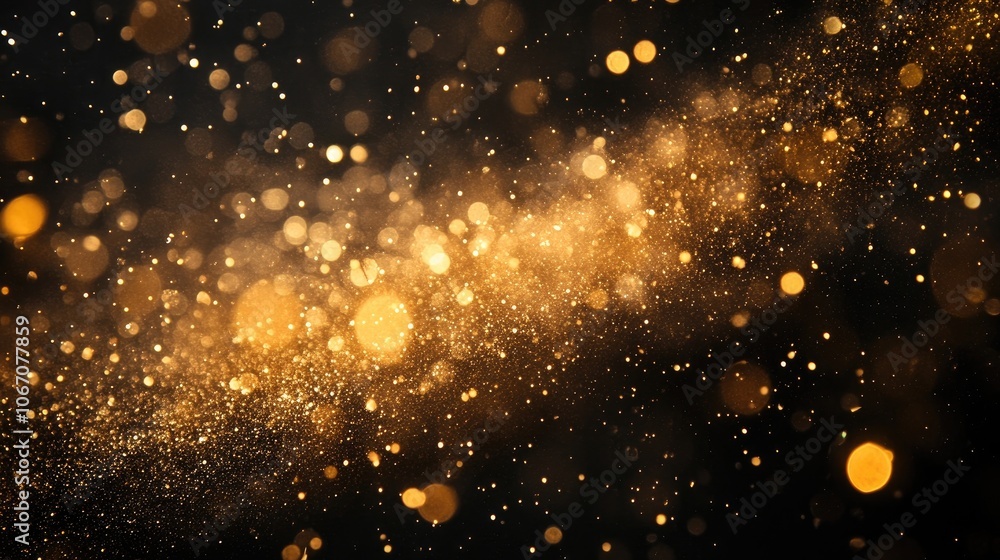 Obraz premium Golden sparkle glitter overlay texture creates a stunning visual for background design. This glitter overlay offers ample empty space for text, perfect for invitations or decorative cards.