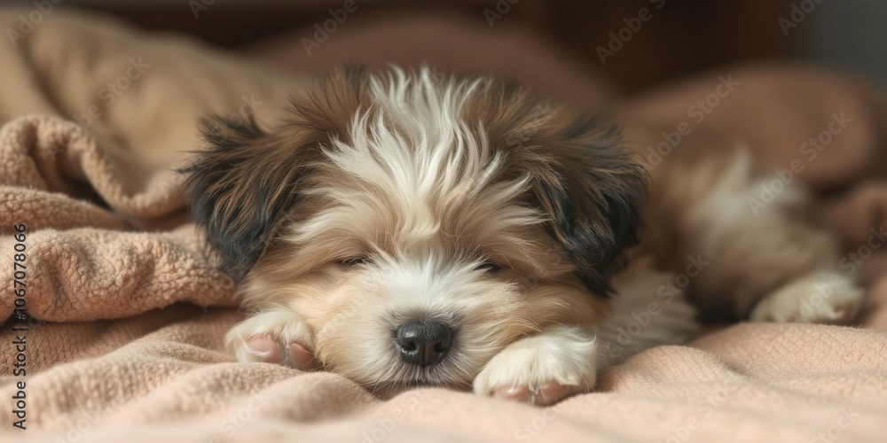 Cute fluffy dog peacefully snoozing on cozy bed, comfortable Cute fluffy dog peacefully snoozing on cozy bed, comfortable