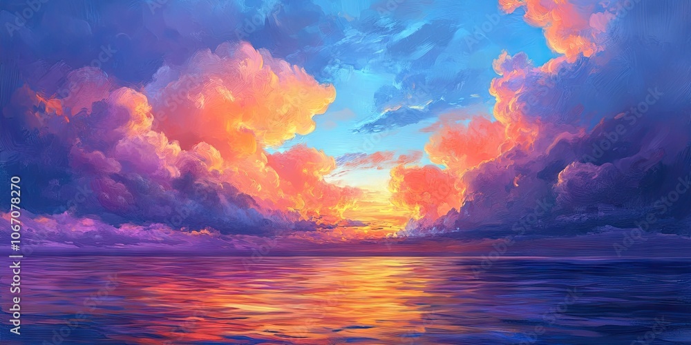 Fototapeta premium The evening sky is filled with colorful clouds, perfectly complementing the breathtaking view of the sea during sunset, creating a stunning dusk atmosphere.
