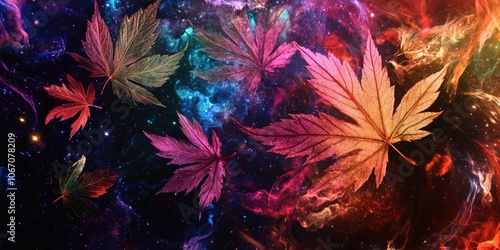 Artistic representation of maple leaves featuring a design inspired by the cosmos, showcasing a blend of nature and cosmic elements in a striking visual.