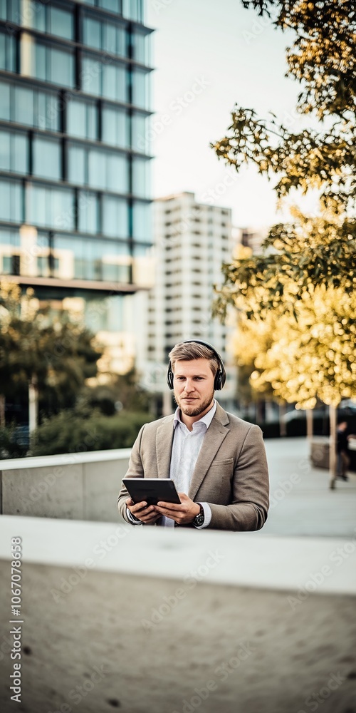 Obraz premium A man wearing a suit and headphones is holding a tablet. He is walking down a sidewalk in front of a building