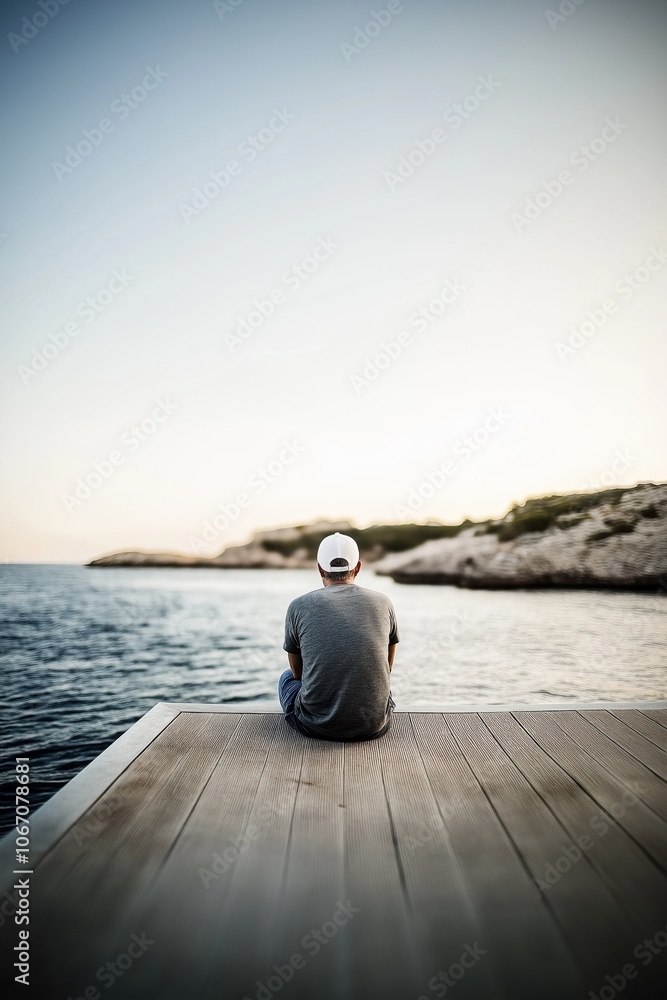 A man sits on a dock by the water, looking out at the ocean. The scene is peaceful and serene, with the man's hat casting a shadow on the dock. The water is calm and the sky is clear A man sits on a dock by the water, looking out at the ocean. The scene is peaceful and serene, with the man's hat casting a shadow on the dock. The water is calm and the sky is clear