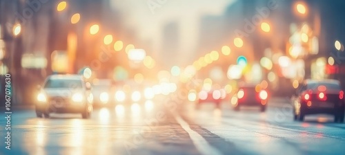 Blurred City Street with Car Headlights and Traffic Lights at Twilight, Urban Landscape