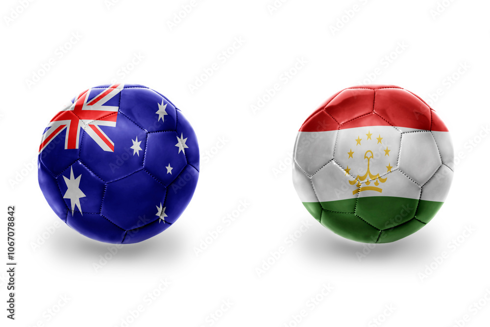 Obraz premium football balls with national flags of tajikistan and australia ,soccer teams. on the white background.