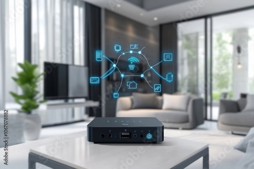 Smart Home Hub Device on a Table with Connected Devices Illustrated in the Background photo