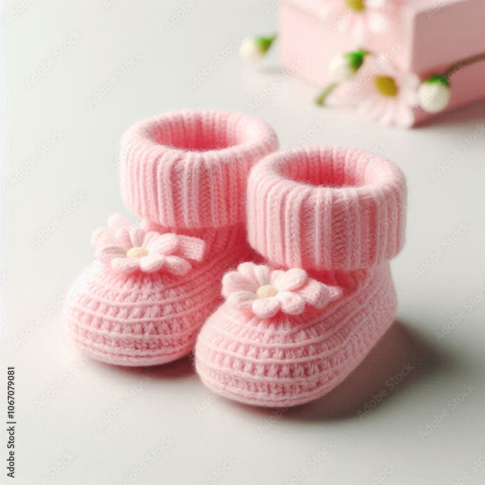 Blue and pink baby booties, baby booties on white background. AI generated. Blue and pink baby booties, baby booties on white background. AI generated.