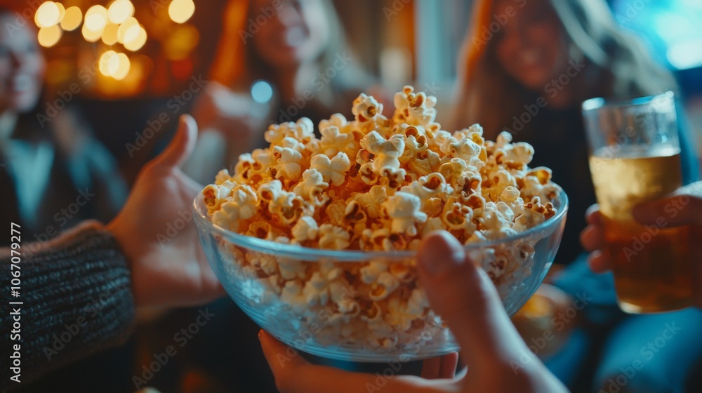 Cheering friends watching Super Bowl with popcorn and snacks Cheering friends watching Super Bowl with popcorn and snacks