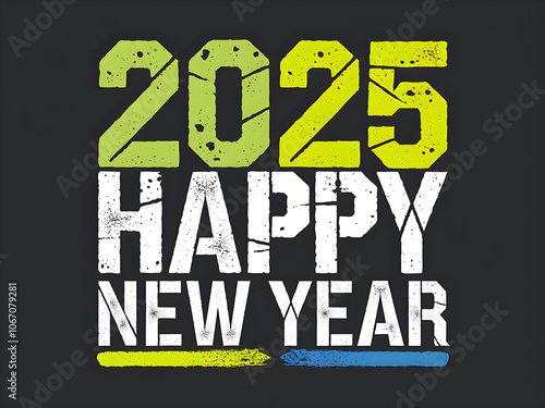 Happy New Year 2025 in Green and White with a Grunge Style