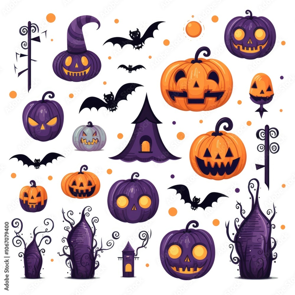 Halloween art inspired spooky pumpkins and bats with eerie witch hats Halloween art inspired spooky pumpkins and bats with eerie witch hats