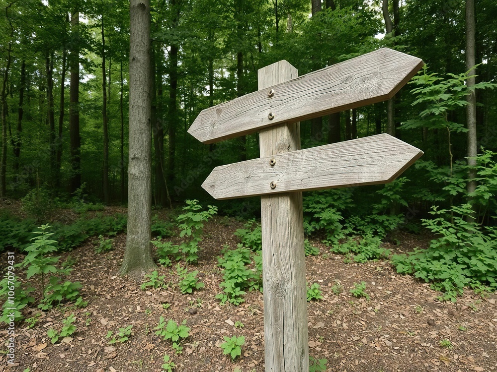 A weathered wooden signpost with arrows pointing in different directions, set in a lush green forest clearing, nature A weathered wooden signpost with arrows pointing in different directions, set in a lush green forest clearing, nature