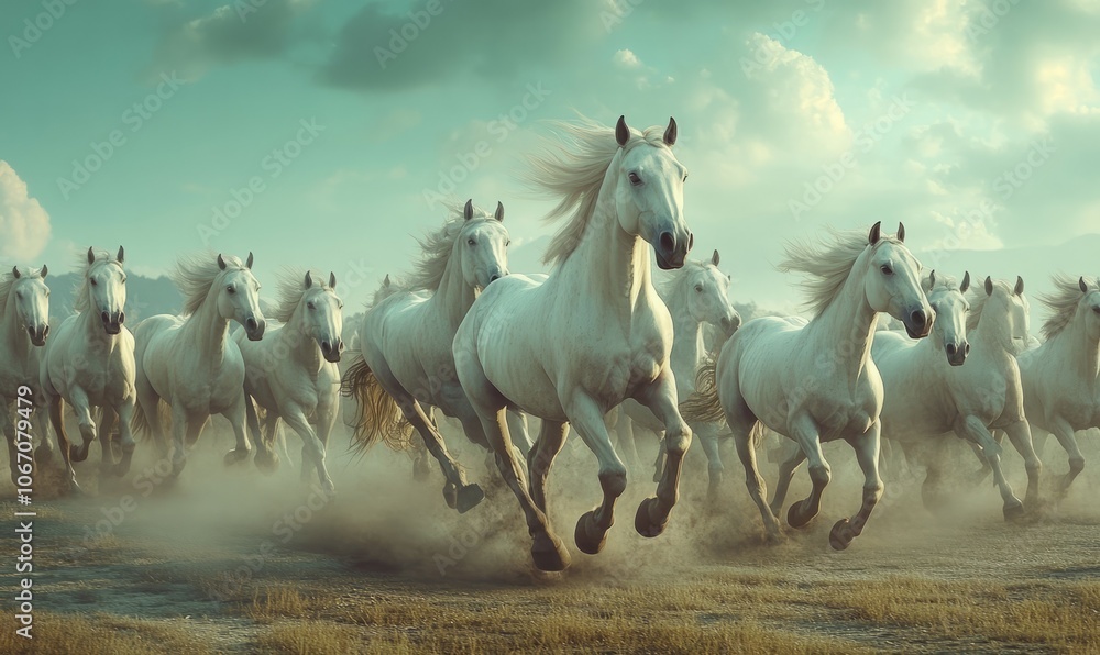 herd of horses in field, A high-definition, super realistic image of a herd of white horses running across a dirt field herd of horses in field, A high-definition, super realistic image of a herd of white horses running across a dirt field