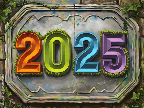 2025 with a Stone Frame and Green Vines, on a Grey Background, Happy New Year Celebration