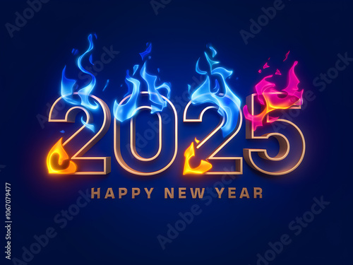 Happy New Year 2025 in Gold with Blue Flames