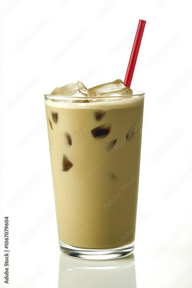 Tall Glass of Refreshing Iced Coffee with Ice Cubes and a Red Straw, Isolated on White Background. Tall Glass of Refreshing Iced Coffee with Ice Cubes and a Red Straw, Isolated on White Background.