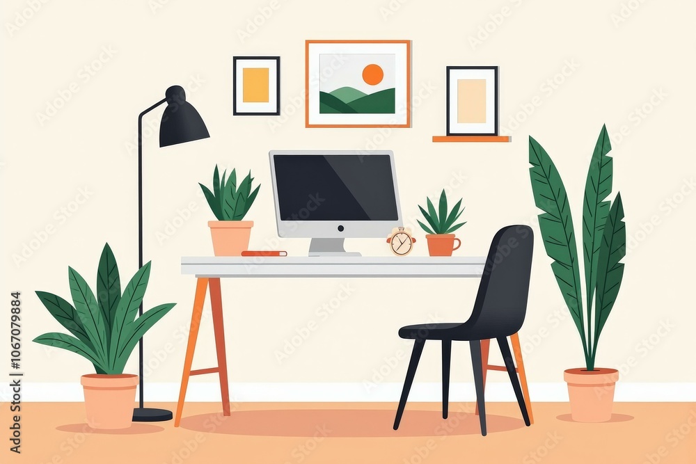 Fototapeta premium Bright and Inviting Home Office Setup with Modern Desk, Chair, and Greenery for Productivity and Comfort