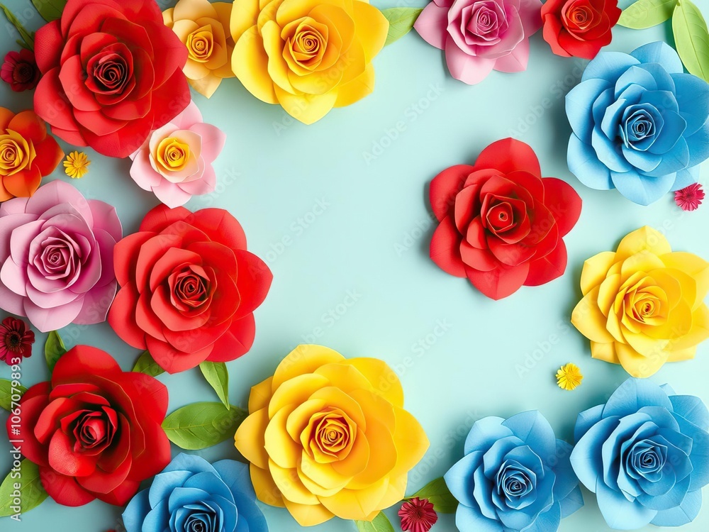 Backdrop featuring vibrant paper roses in various hues such as red, pink, yellow, and blue, creating a visually stunning and whimsical display, display Backdrop featuring vibrant paper roses in various hues such as red, pink, yellow, and blue, creating a visually stunning and whimsical display, display
