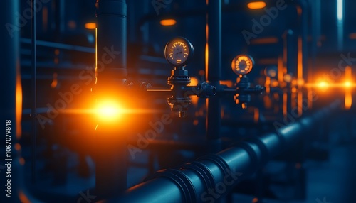 An industrial scene featuring illuminated pipes and gauges, showcasing a deep blue background with warm orange lighting that highlights the machinery.