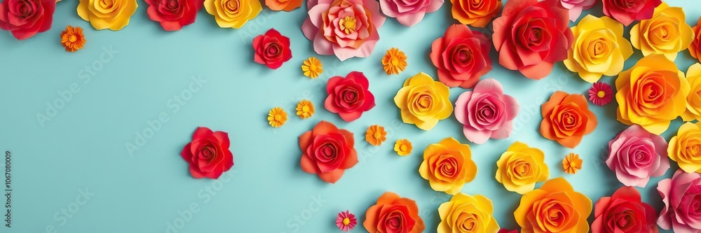 Backdrop of colorful paper roses in shades of pink, red, yellow, and orange, creating a vibrant and festive display, display Backdrop of colorful paper roses in shades of pink, red, yellow, and orange, creating a vibrant and festive display, display