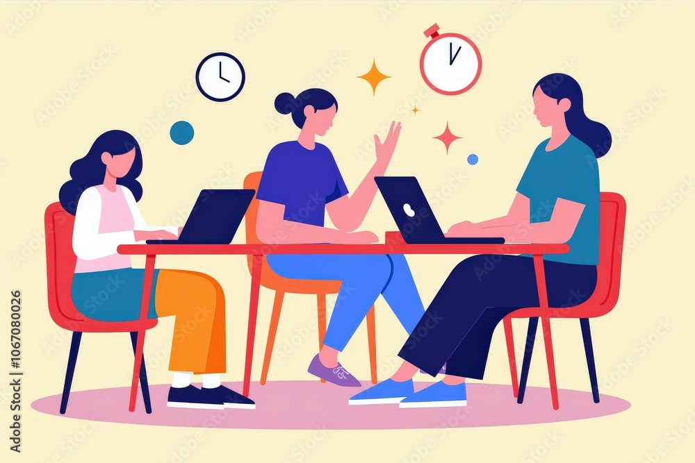 Illustration of Three Women Collaborating on Laptops in a Vibrant Office Setting, Perfect for Teamwork and Productivity Concepts Illustration of Three Women Collaborating on Laptops in a Vibrant Office Setting, Perfect for Teamwork and Productivity Concepts