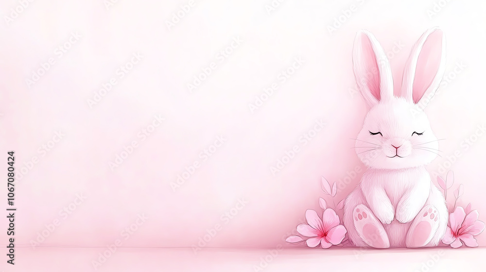 Adorable pink bunny sits calmly among delicate flowers in a serene setting