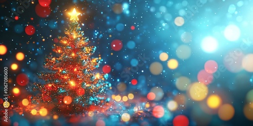 A beautifully decorated Christmas tree shines with colorful lights and a bright star on top. The glowing bokeh background creates a festive atmosphere. Perfect for holiday themes. AI