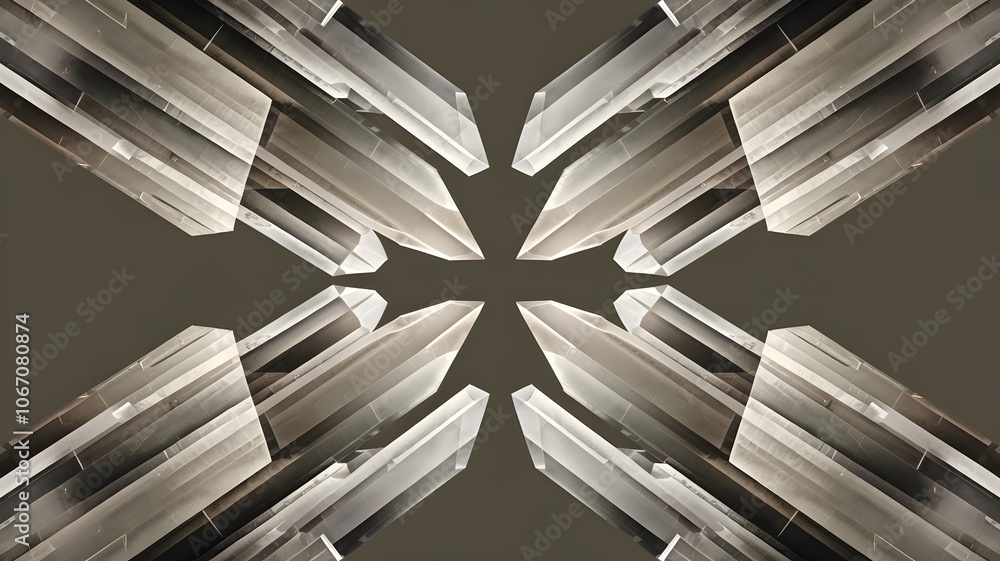 Obraz premium Symmetrical arrangement of translucent crystal shards on dark grey background