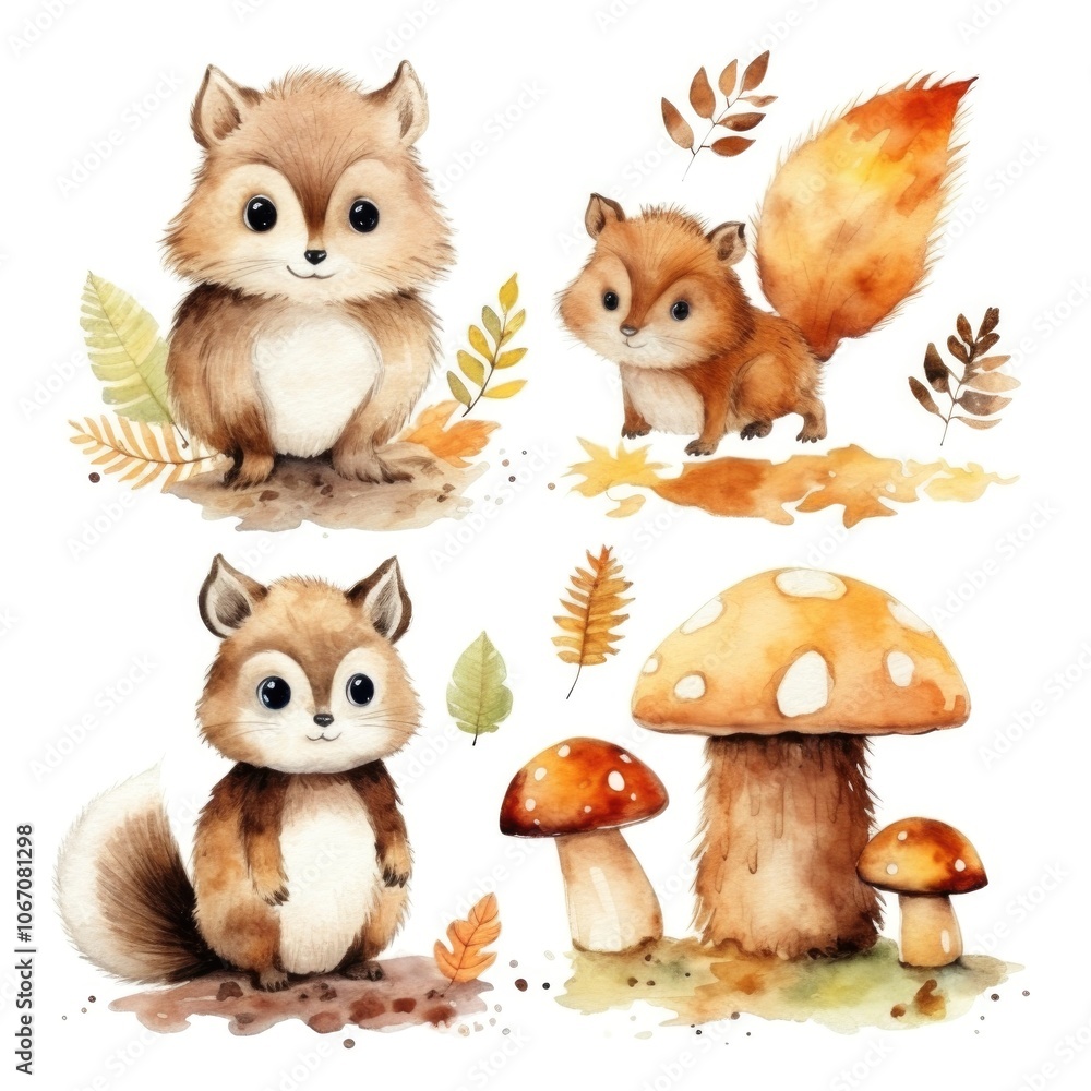Obraz premium Cute woodland creatures and autumn elements in watercolor art