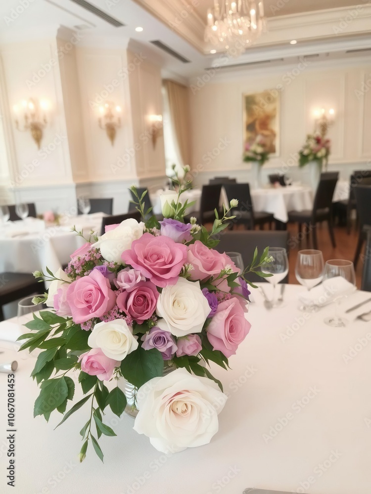 Beautiful wedding flowers arrangement on a table in a elegant restaurant setting, fine dining Beautiful wedding flowers arrangement on a table in a elegant restaurant setting, fine dining