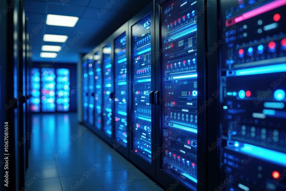 High-Tech Data Center Server Room with Blue Illuminated Equipment for Business and Technology Solutions High-Tech Data Center Server Room with Blue Illuminated Equipment for Business and Technology Solutions