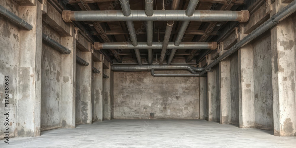 Rustic warehouse interior with exposed pipes and concrete walls, urban, rustic Rustic warehouse interior with exposed pipes and concrete walls, urban, rustic