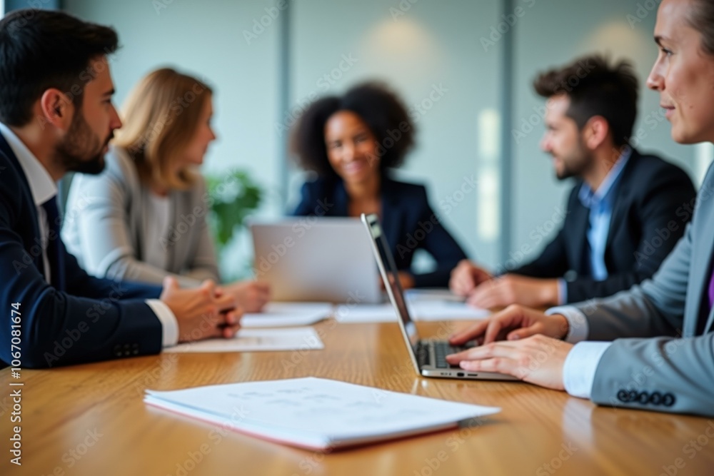 Professional Business Meeting: Focused Team Collaboration in Modern Office Setting Professional Business Meeting: Focused Team Collaboration in Modern Office Setting