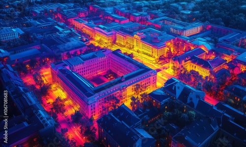 Heatmap of a university campus, with vibrant colors showing the most populated buildings and cooler tones in the quieter areas.
