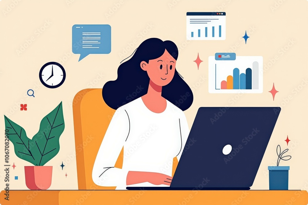 Illustrated Woman Working on Laptop in Office Setting: Productivity, Focus, and Modern Work Environment Illustrated Woman Working on Laptop in Office Setting: Productivity, Focus, and Modern Work Environment