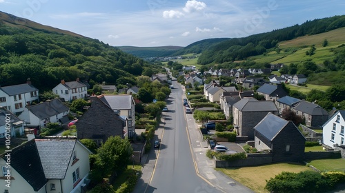 Aerial view of residential streets in a small Welsh town