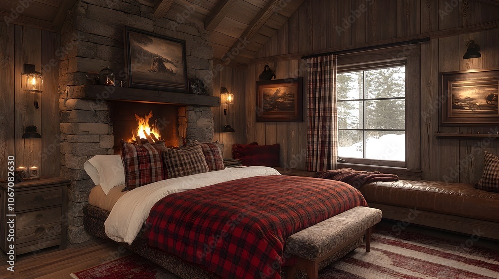 Cozy and Rustic Cabin Bedroom with Roaring Fireplace in a Picturesque Mountain Forest Retreat Setting. Warm,Intimate,and Inviting Woodland Interior Design. Cozy and Rustic Cabin Bedroom with Roaring Fireplace in a Picturesque Mountain Forest Retreat Setting. Warm,Intimate,and Inviting Woodland Interior Design.