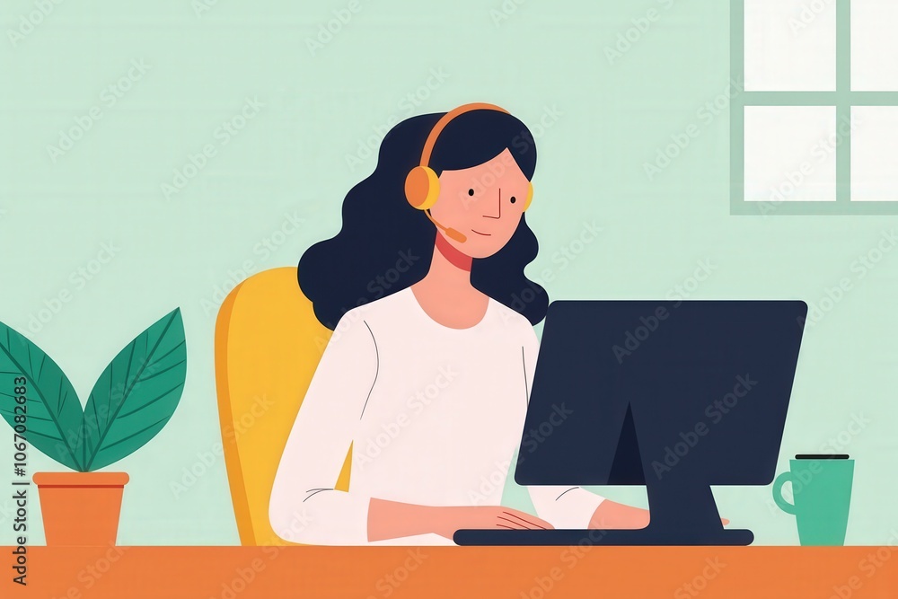 Illustrated Woman Working from Home with Headphones and Computer - Perfect for Remote Work Concepts, Office Design, and Productivity Themes Illustrated Woman Working from Home with Headphones and Computer - Perfect for Remote Work Concepts, Office Design, and Productivity Themes