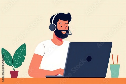 Illustrated Man Working on Laptop with Headphones: Perfect for Remote Work, Freelancing, and Tech Concepts