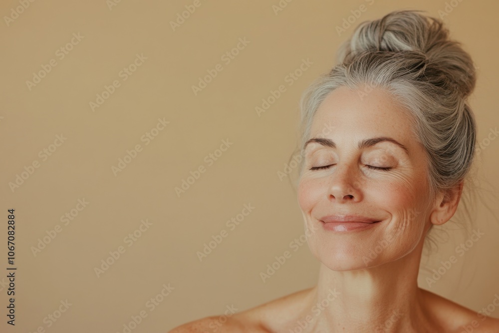 A serene mature woman with grey hair smiles gently with her eyes closed, radiating peace and contentment. The soft neutral background adds to the calming ambience. Generated AI A serene mature woman with grey hair smiles gently with her eyes closed, radiating peace and contentment. The soft neutral background adds to the calming ambience. Generated AI