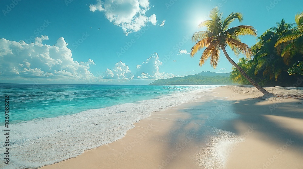 A lone palm tree casts a long shadow on the pristine white sand beach, with the turquoise ocean stretching out to the horizon under a clear blue sky with fluffy clouds. A lone palm tree casts a long shadow on the pristine white sand beach, with the turquoise ocean stretching out to the horizon under a clear blue sky with fluffy clouds.