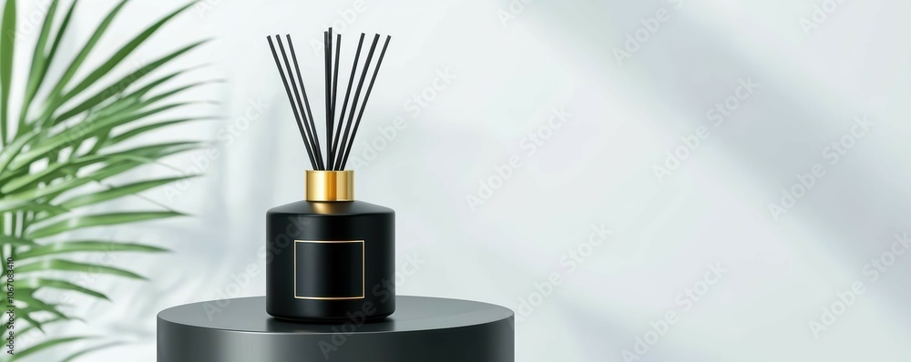 A stylish aroma diffuser with natural reeds on a modern pedestal. A stylish aroma diffuser with natural reeds on a modern pedestal.