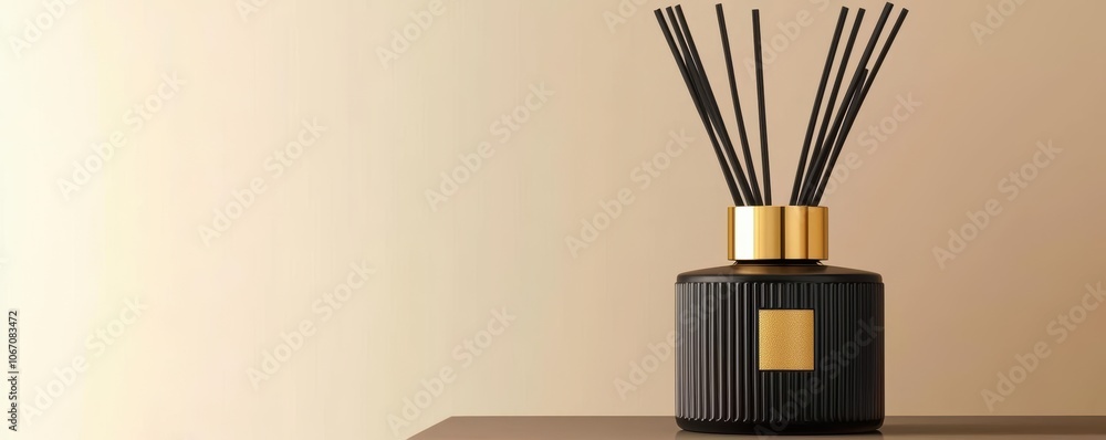 A stylish black diffuser with golden accents on a simple background. A stylish black diffuser with golden accents on a simple background.