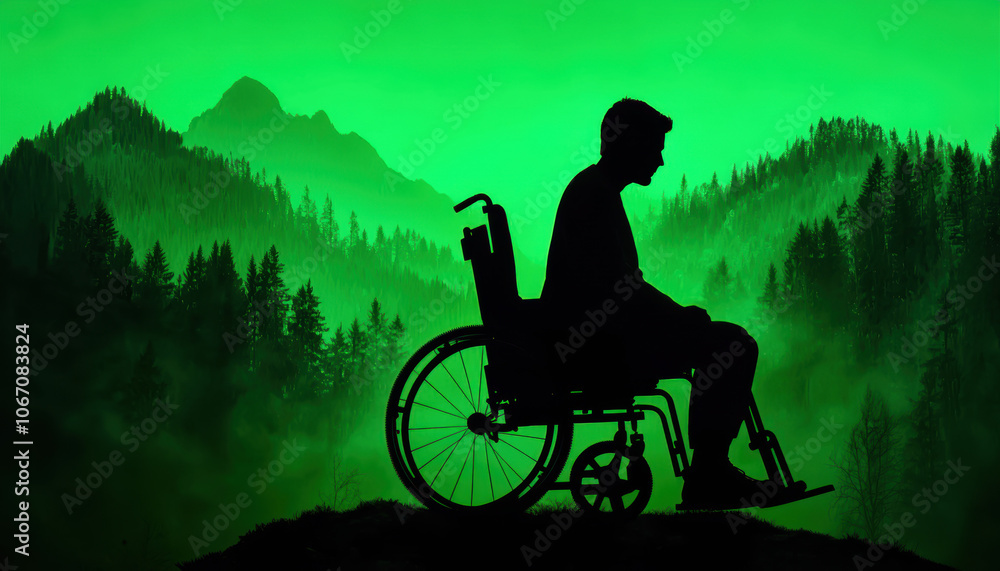 A silhouette of a person in a wheelchair against a green, misty forest backdrop, representing themes of resilience and empowerment.