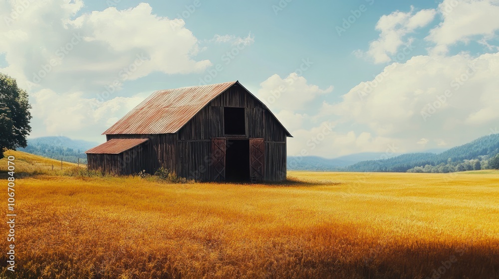 A rustic barn set against a backdrop of golden fields A rustic barn set against a backdrop of golden fields