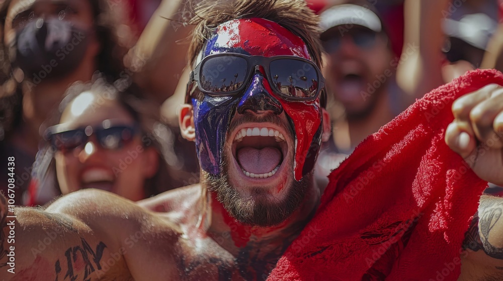 Passionate fan in painted halfface mask and rally towel Passionate fan in painted halfface mask and rally towel