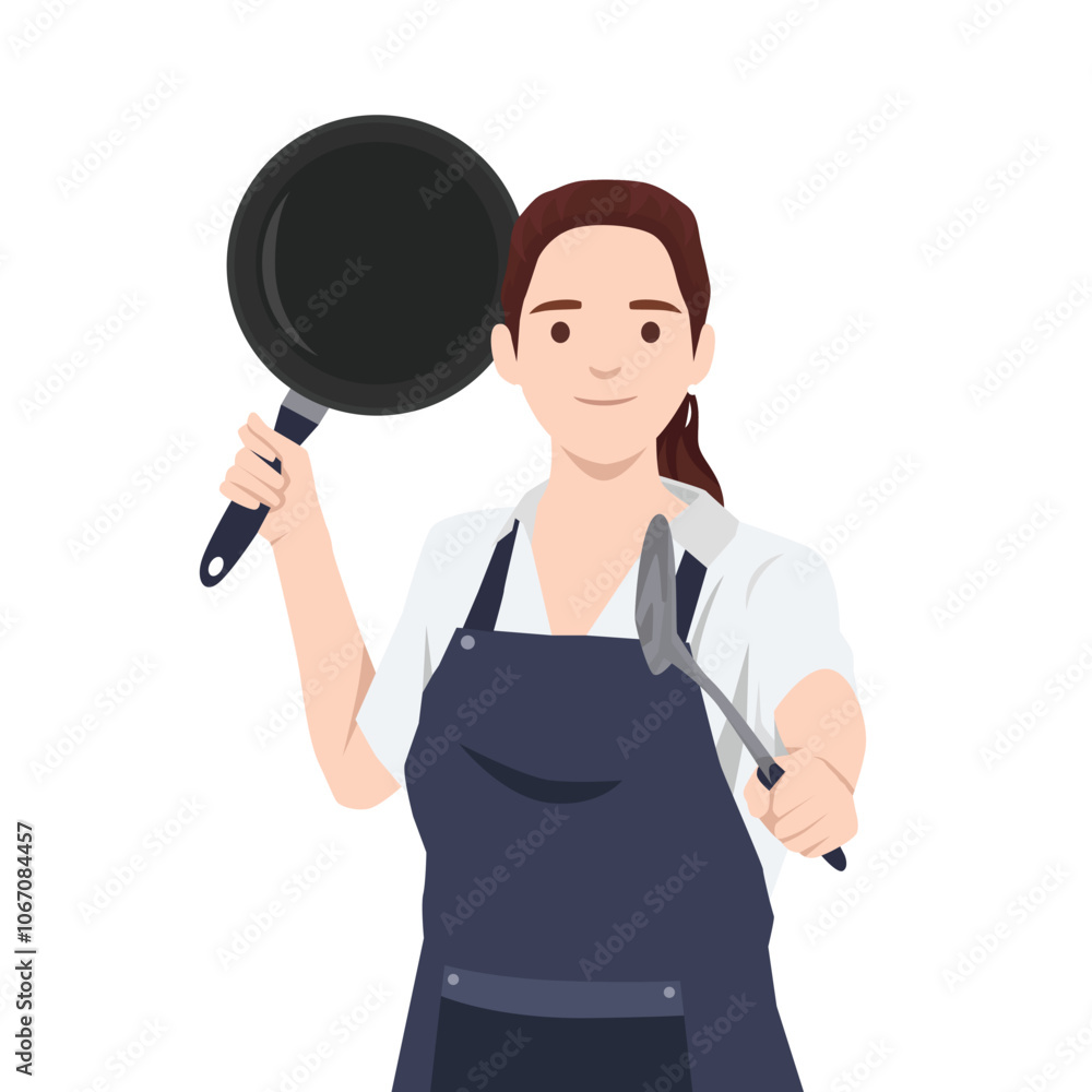 Young woman in chef hat with apron holding frying pan and spatula. Flat vector illustration isolated on white background Young woman in chef hat with apron holding frying pan and spatula. Flat vector illustration isolated on white background