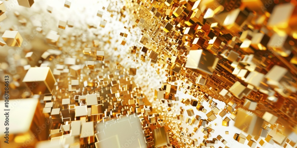 A cascade of gold cubes in various sizes appears to flow in a dynamic motion, creating depth and vibrancy. The bright, metallic tones give a sense of luxury and movement in an abstract design A cascade of gold cubes in various sizes appears to flow in a dynamic motion, creating depth and vibrancy. The bright, metallic tones give a sense of luxury and movement in an abstract design