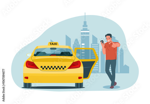 Concept illustration of online taxi service. A happy man with a smartphone in his hand gets into a car. Vector illustration.