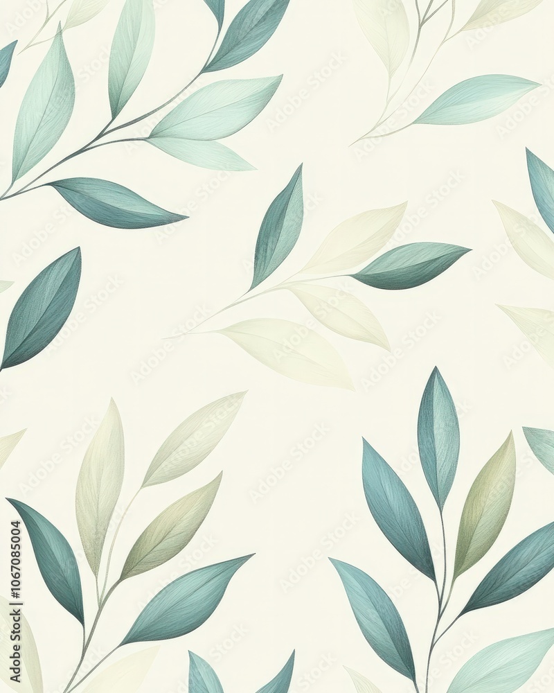 A delicate seamless pattern featuring hand-drawn leaves in soft pastel greens and blues A delicate seamless pattern featuring hand-drawn leaves in soft pastel greens and blues