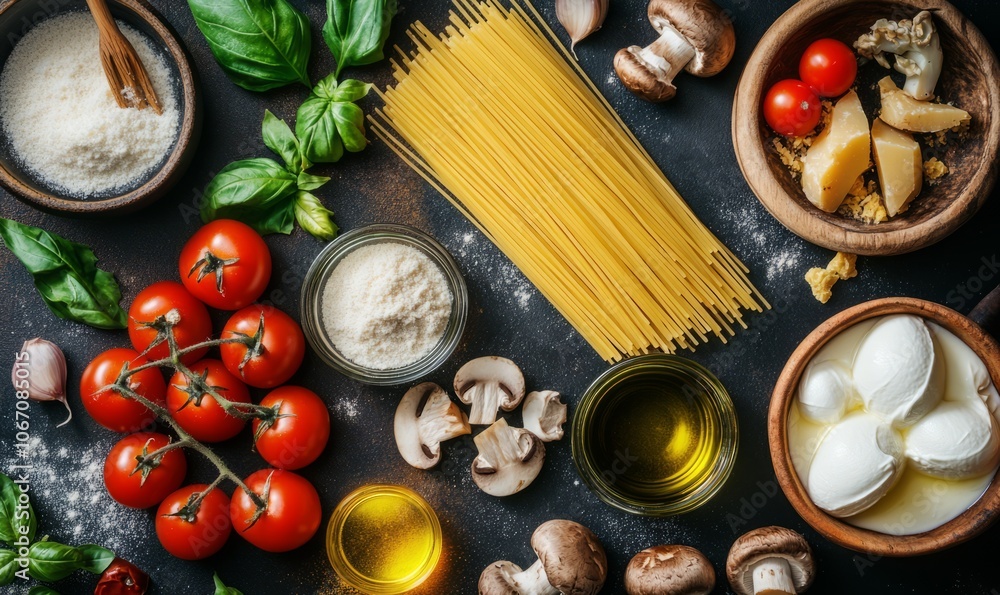 Italian pasta cooking ingredients cherry tomatoes mushrooms garlic basil parmesan mozzarella cheese spaghetti olive oil cream top view Italian pasta cooking ingredients cherry tomatoes mushrooms garlic basil parmesan mozzarella cheese spaghetti olive oil cream top view