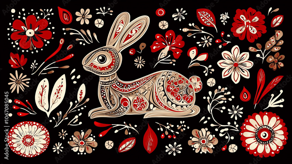 Naklejka premium Explore the charm of hand-illustrated floral rabbit designs in vibrant red and white patterns